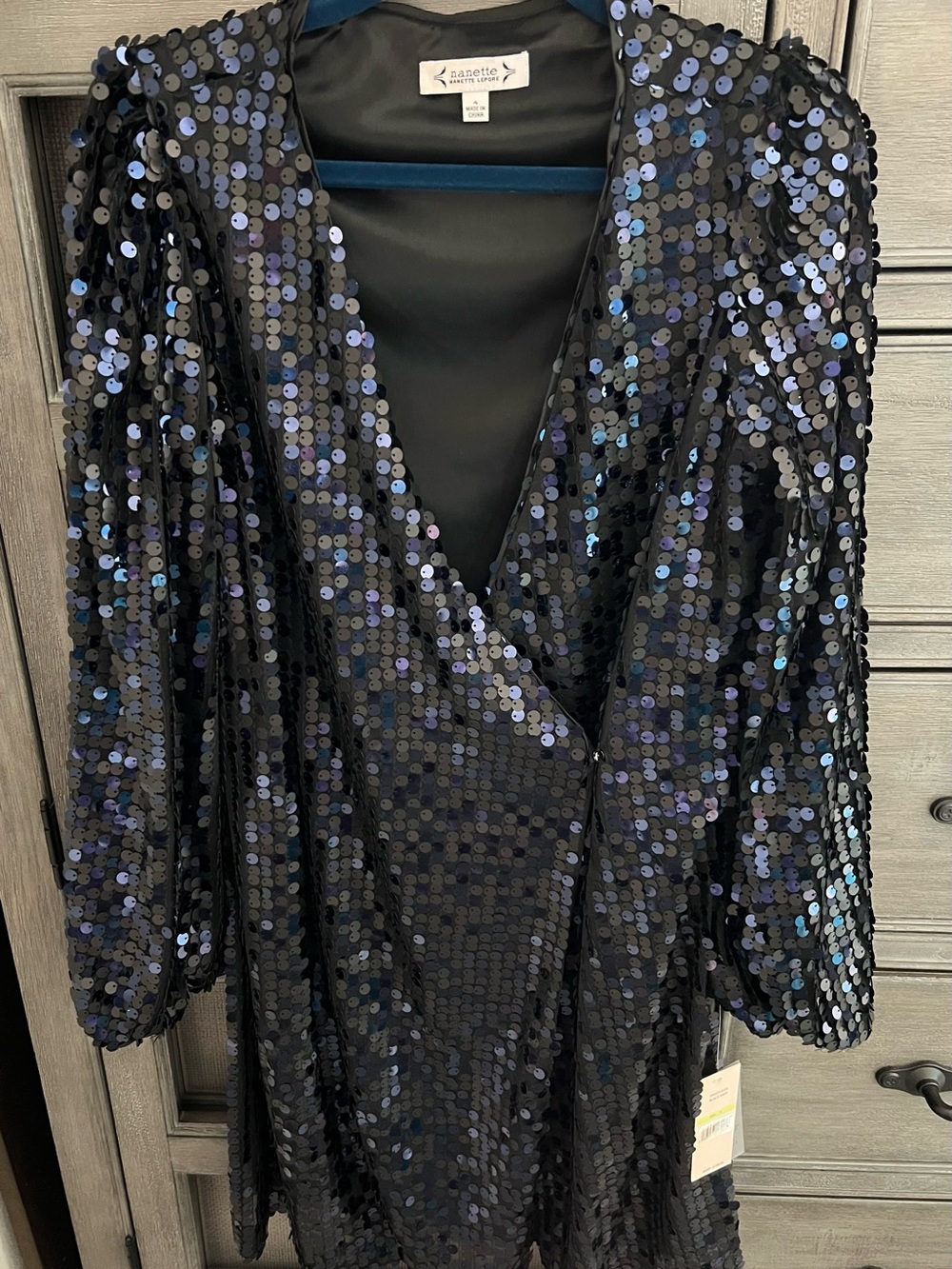 Nanette Lepore party dress. Black with Iridescent Blue Sequin Wrap Dress